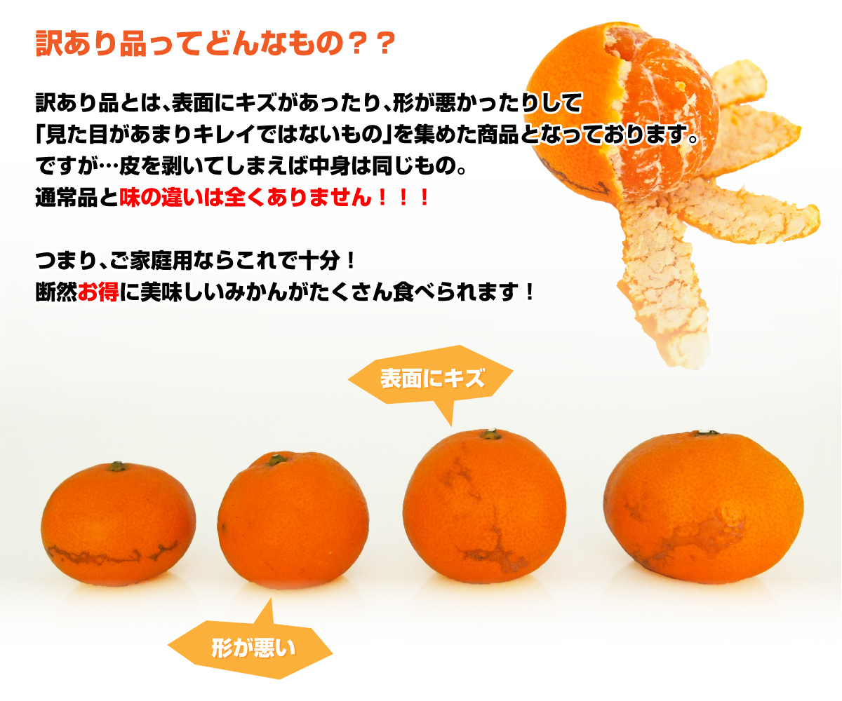 訳あり品とは、表面にキズがあったり、形が悪かったりして「見た目があまりキレイではないもの」を集めた商品となっております。ですが…皮を剥いてしまえば中身は同じもの。通常品と味の違いは全くありません!!!つまり、ご家庭用ならこれで十分!断然お得に美味しいみかんがたくさん食べられます!